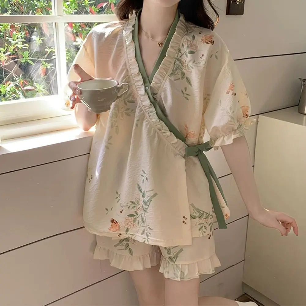 New Chinese Style Lace Up Pajama Suit Flower Reffle Shorts Sleeve Nightwear Women Homewear Loose Two Pieces Sleepwear Sets Home