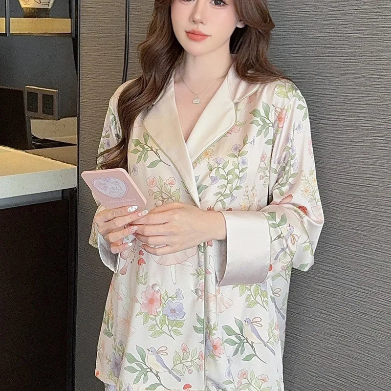 Print Flower 2PCS Top&pants Pajamas Lady Sweet Cute Home Clothes Spring Summer New Pijama Mujer Sexy Loose Sleepwear Women Pjs