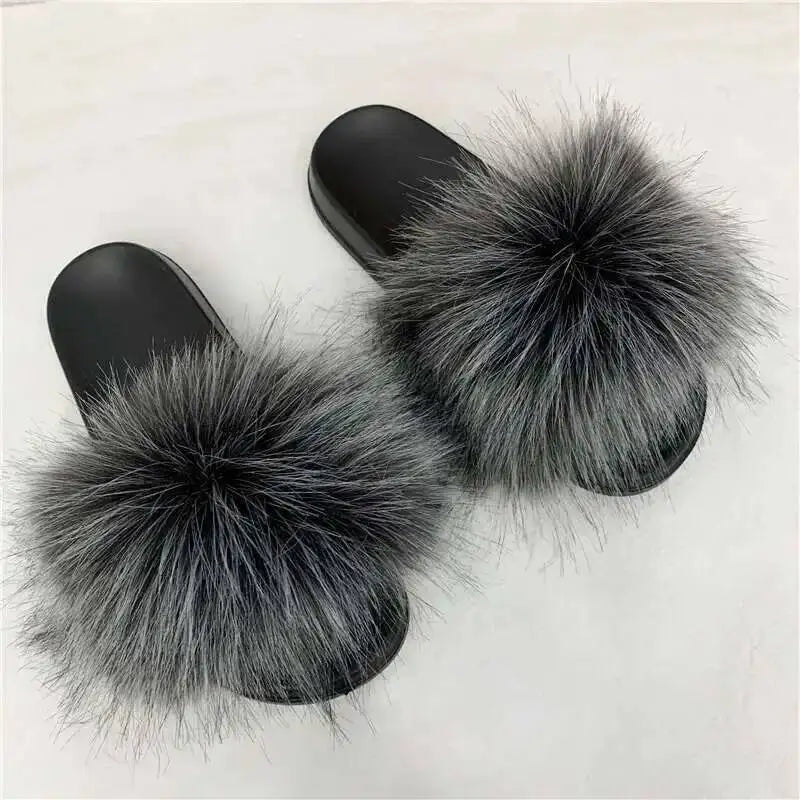 Ladies Fluffy Slippers Summer Women Faux Fur Soft Slides Stylish Open Toe Sandals Outdoor Indoor Furry Comfortable Beach Shoes