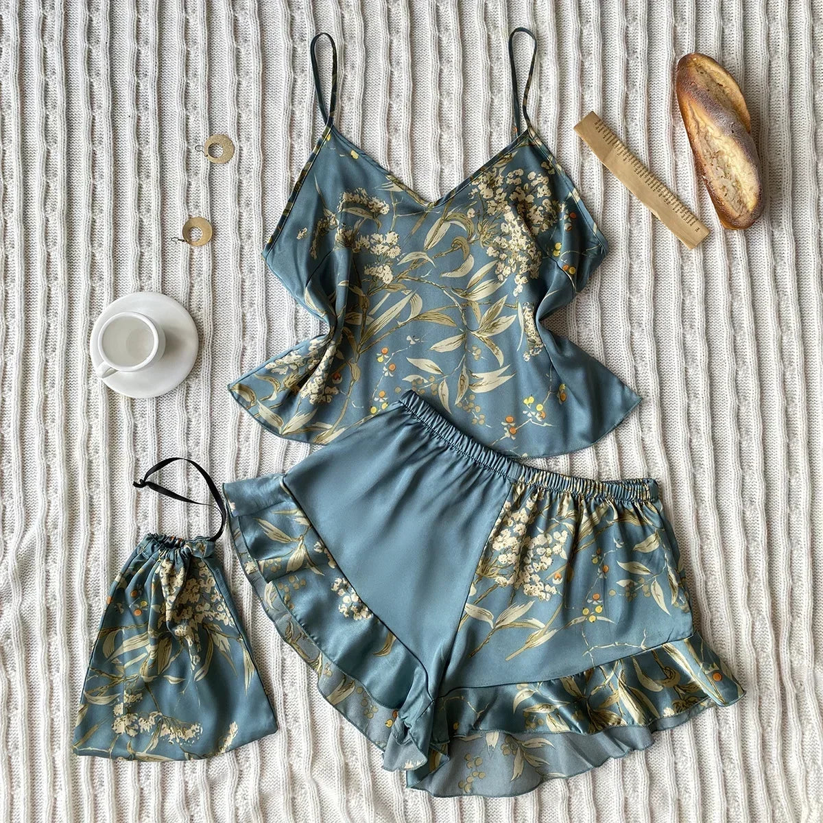 Summer Fashion Pajamas Women Sleepwear 3 Pcs Silk Floral Print Suspenders Tops and Shorts with Hanging Bag Home Wear