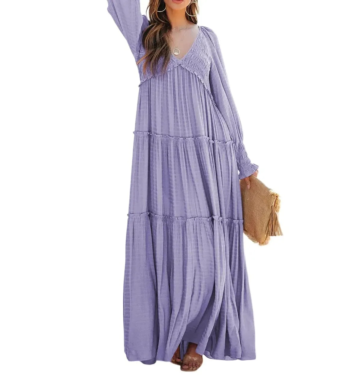 Long Dress Women Vintage V Neck Long Sleeve Dresses Loose Y2k High Waist Shirring Casual Summer Loose 2025 Elegant Slight Strech