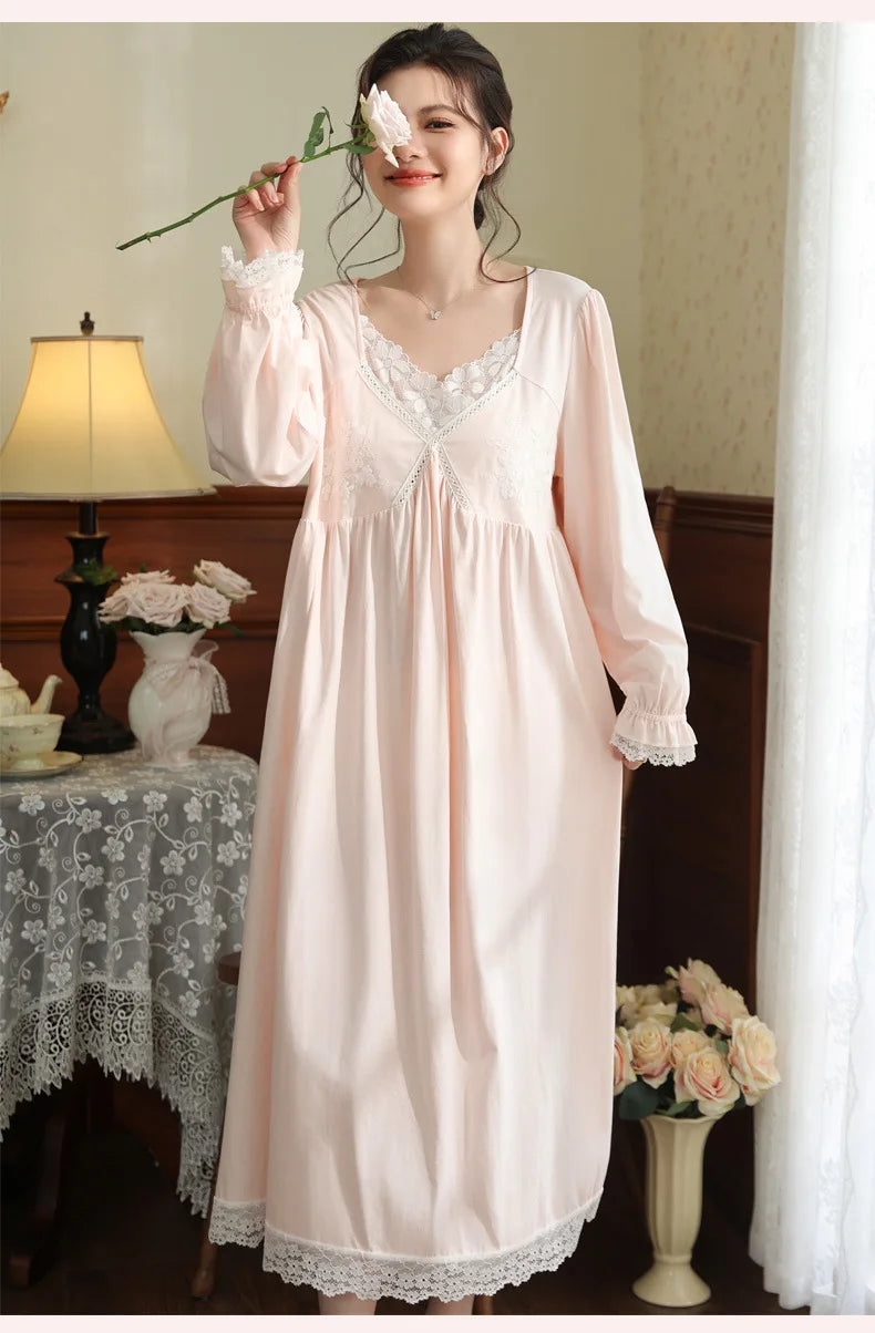 Vintage Victorian Nightgown Women Lace Embroidered Palace Style Princess Sleep Dress Cotton Soft Romantic French Loungewear