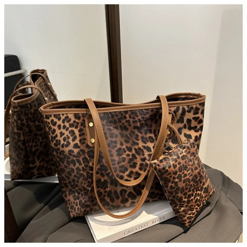 Women's Leopard Print Tote bag Pu Leather Underarm Bags Simple Casual Travel Shopping Bag Large Capacity Mother and Child Packag