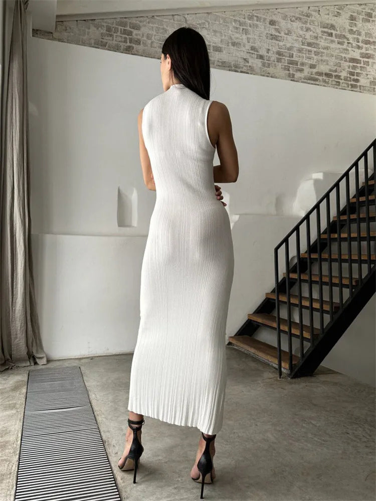 2025 Spring Sleeveless Knitwear Turtleneck Long Dress Female Slim Elegant Fashion Autumn Ribbed Knit Dress For Women Maxi Dress
