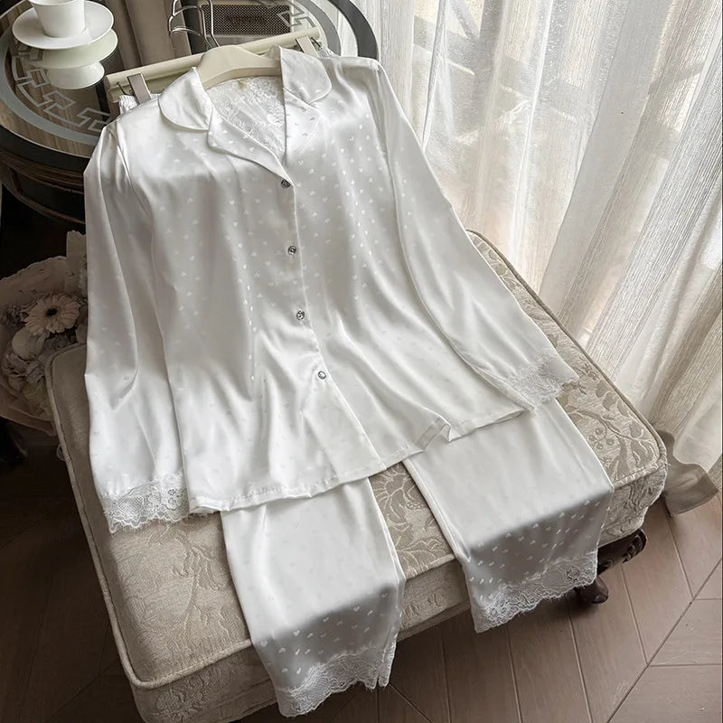 2025 Summer Autumn New Trousers Set Ice Silk Sleepwear for Women Lace Floral Backless Top Pant 2Pcs Pajamas Loungewear Nightwear