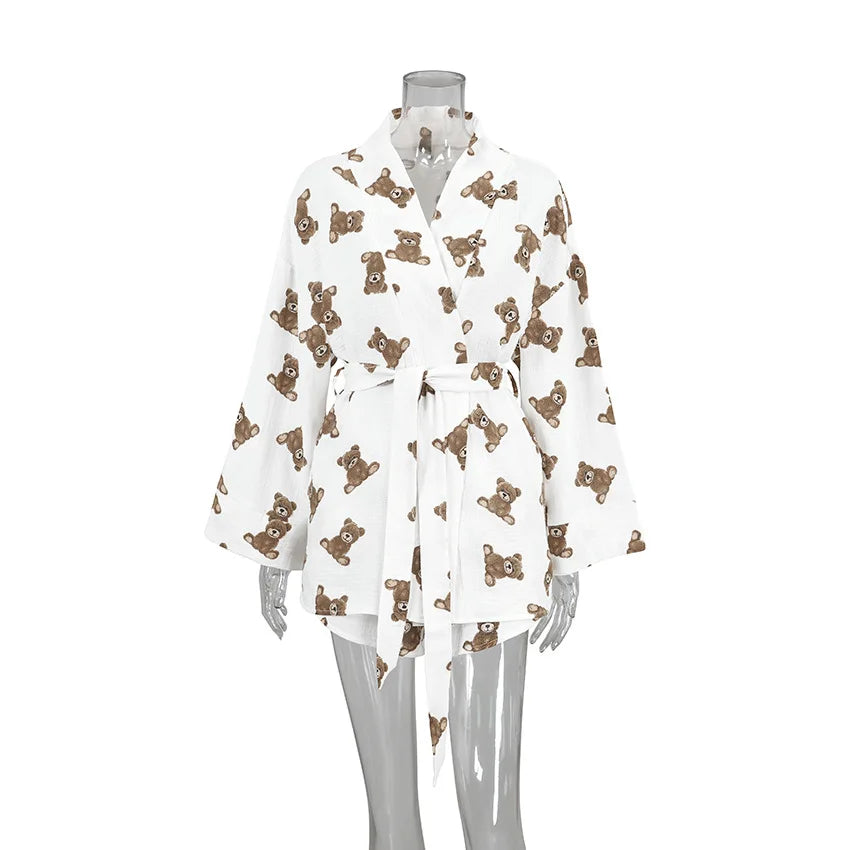 2024 Spring New European and American Pure Cotton Cute Print Warm Long sleeved Shorts and Pajamas Two piece Home Set