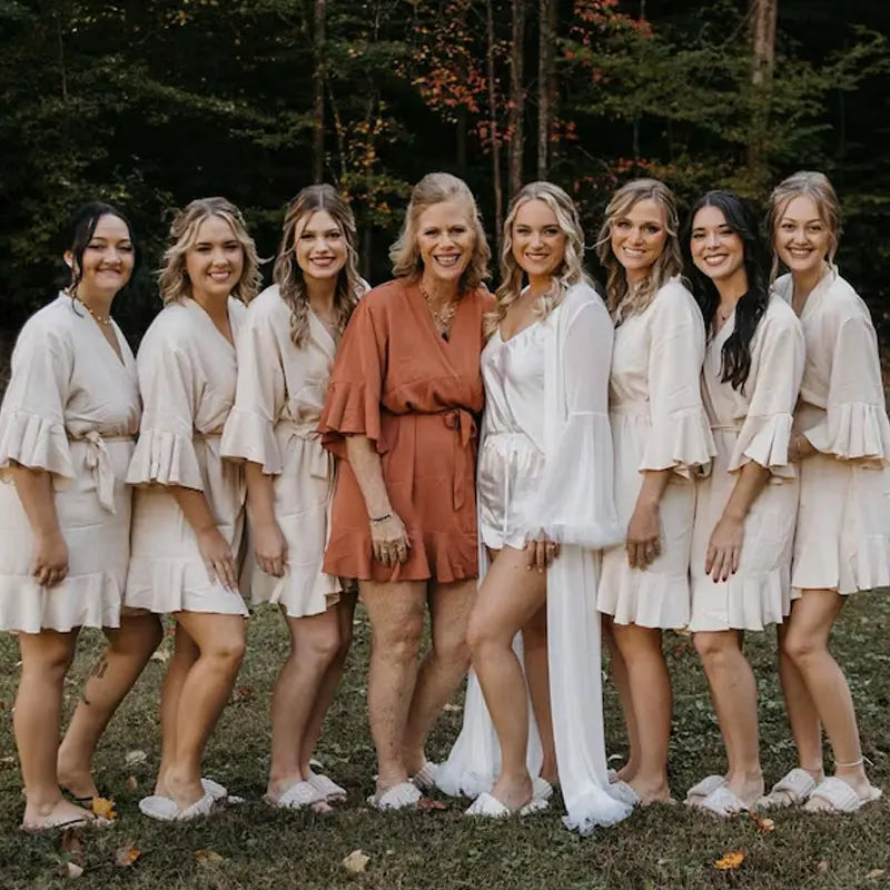 Personalized Bride Bridesmaid Robes Chiffon Ruffle Trim Kimono Birth Flower Ruffle Robe Set Bridal Shower Proposal Dressing Gown
