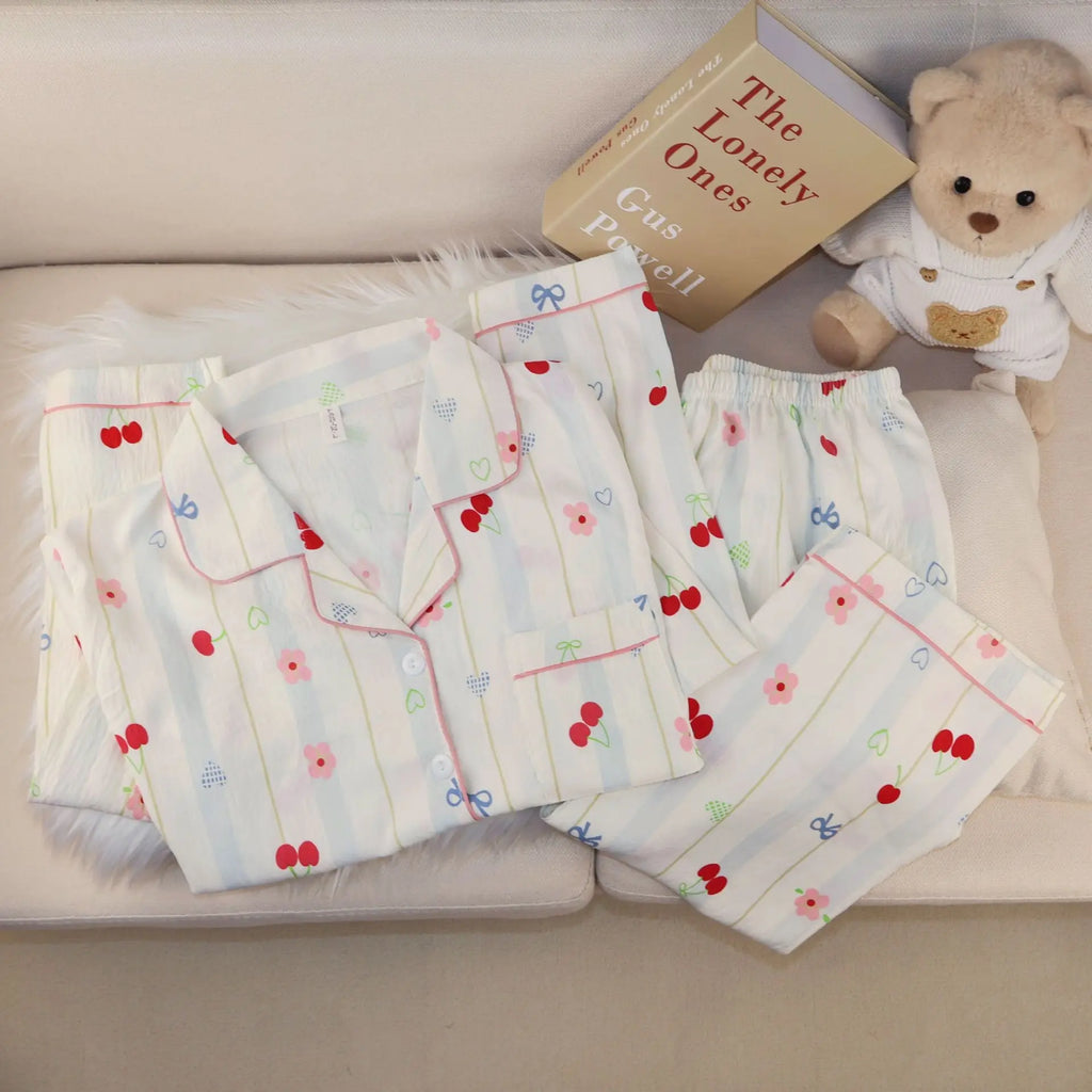 New Pajamas with Cherry Print for Girls Sweet Collared Cardigan Two-Piece Home Outfit Women's Sleepwear Homewear Student