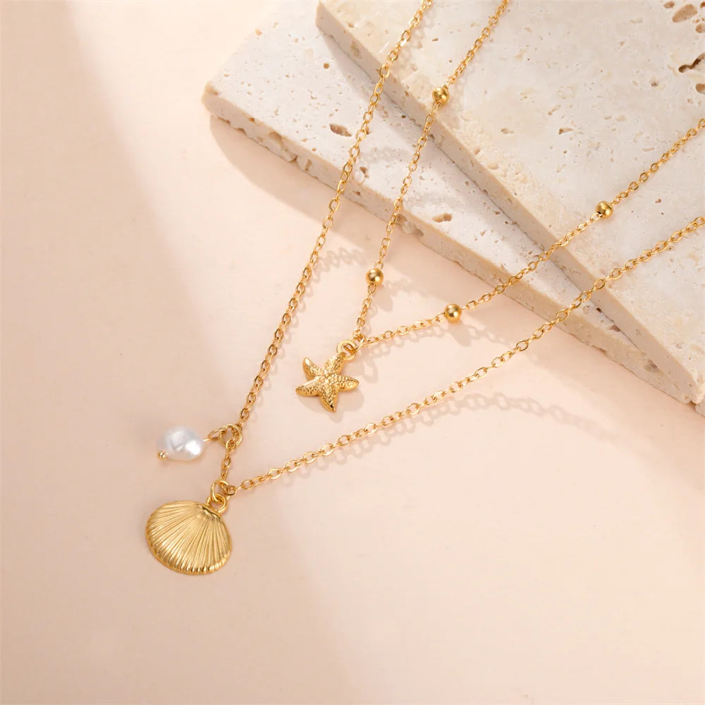 Beach Shell Starfish Pearl Necklace for Woman Girls Summer Vacation Gold Color 2 Layers Stainless Steel Pendant Chain Jewelry