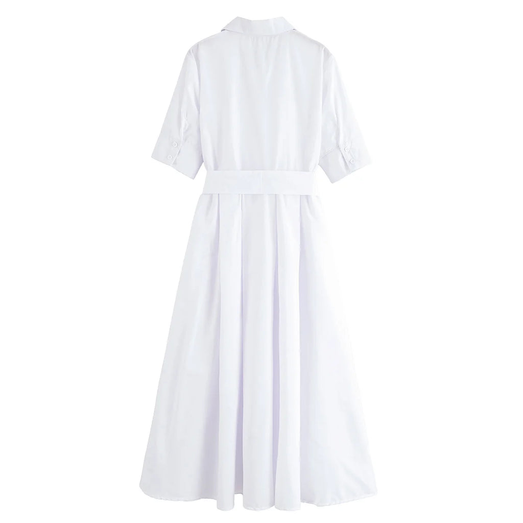 HH Women Summer Lapel Short Sleeve Pocket Single-Breasted Belt Decorate Midi Dress Female Fashion Shirt Style Pleated Dress