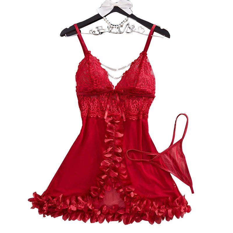 Red Lingerie Women's Underwear Flower Edging Lace Nightdress And Thongs Pijamas Sets Female Nighty