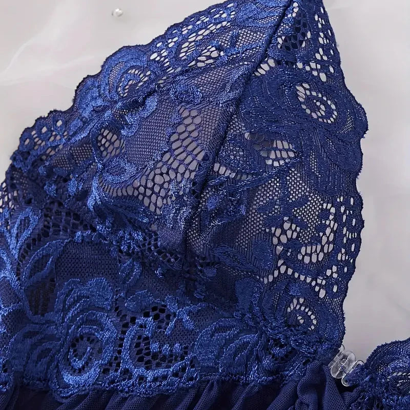 Transparent Lace Women Erotic Open Bra Blue Sling Nightgown Underpants Set Deep V Wedding Night Nightgown Sexy Lingerie Costumes