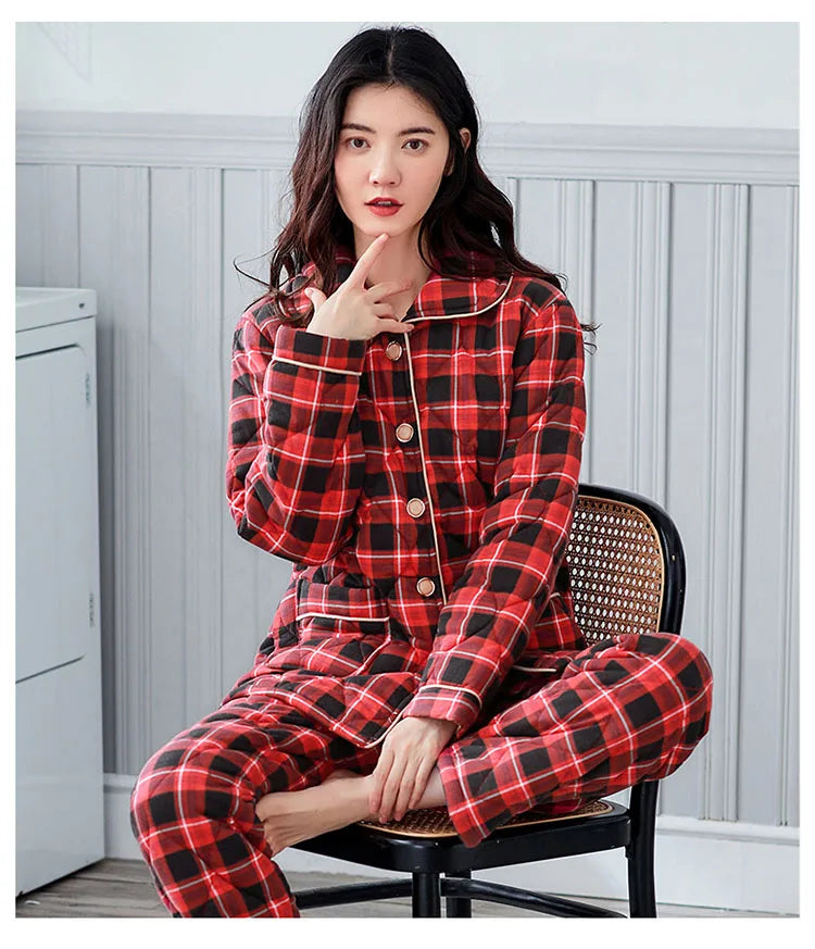 Winter three layer thick keep warm quilted jacket women's pajamas floral pijamas inverno M-XXXL sleepwear