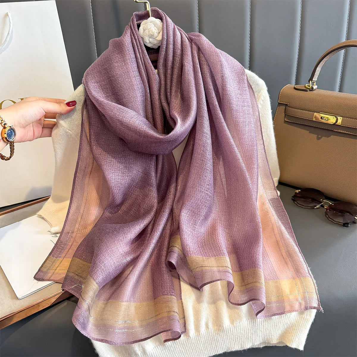Luxury Long Scarf For Women Elegant Hijab For Travel Beach Soft Stain Neckerchief Shawl Solid Color Imitation Silk Scarves