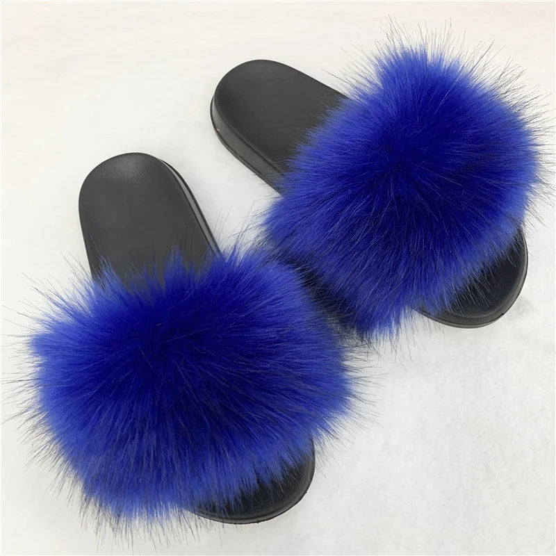 Ladies Fluffy Slippers Summer Women Faux Fur Soft Slides Stylish Open Toe Sandals Outdoor Indoor Furry Comfortable Beach Shoes