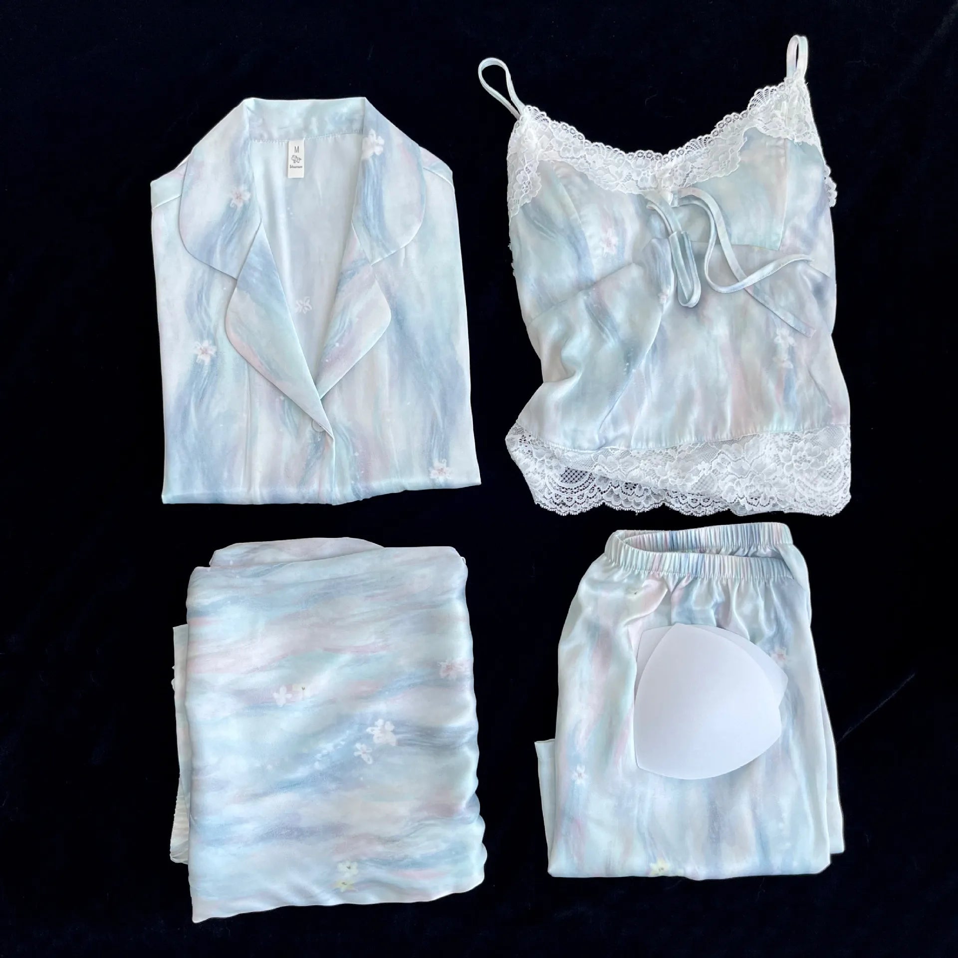 Princess Style Floral Print Pajamas Suit 4Pcs Cami Top Shorts Pants Ice Silk Loungewear Lady Sexy Lace Trim Home Clothes