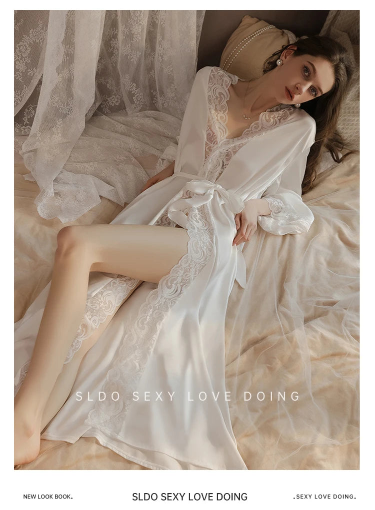 Wedding Bridal Bathrobe Big Lace Flower Nightie Wear Women Satin Kimono Long Loose Peignior Spring Autumn New Intimate Lingerie