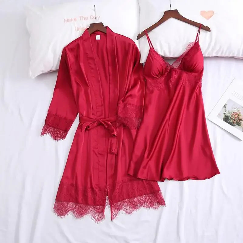2PCS Pajamas Set White Women V-Neck Sleepwear M-XL Lace Kimono Sexy Nightshirts Flower Nightwear Robe Gown Sleep Suit Nightgown