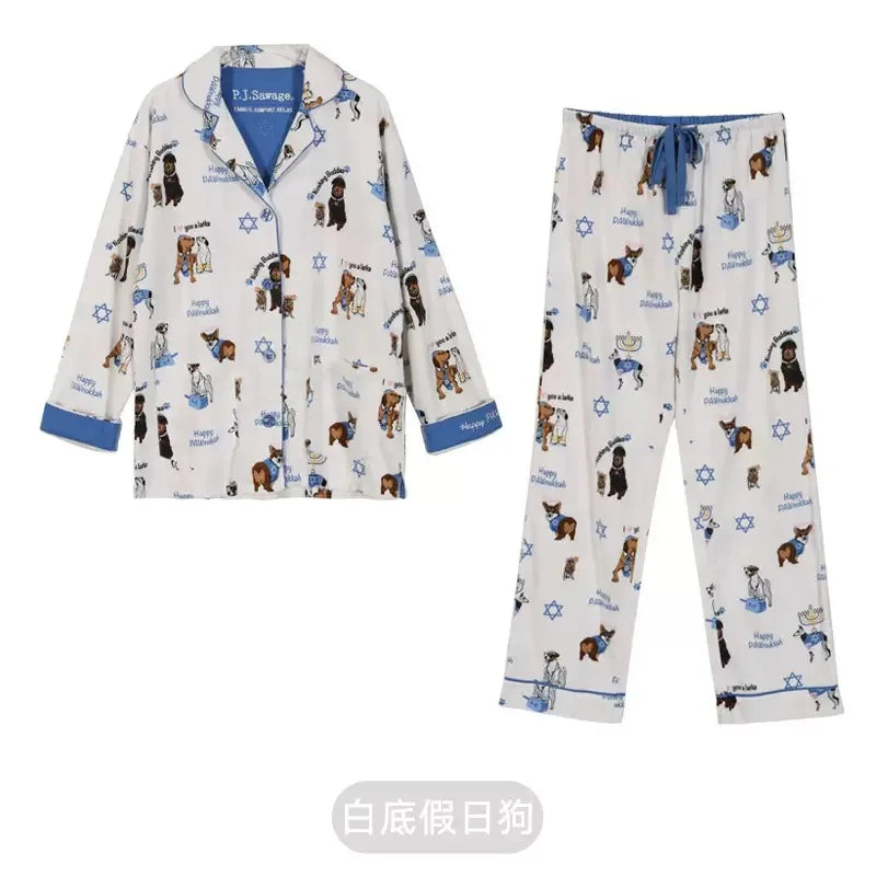 New Loungewear Women Spring Fall Slwwpwear 100% Cotton Floral Print Long Sleeve Pijamas Women 2 Pieces Home Suit Cat Cartoon