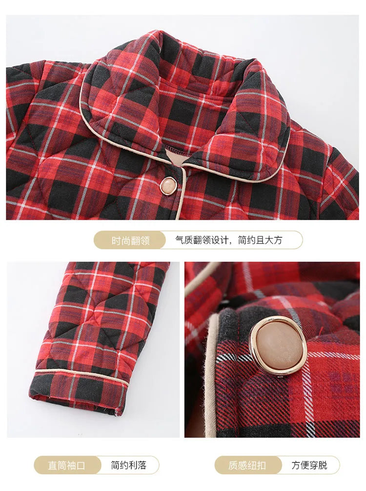 Winter three layer thick keep warm quilted jacket women's pajamas floral pijamas inverno M-XXXL sleepwear