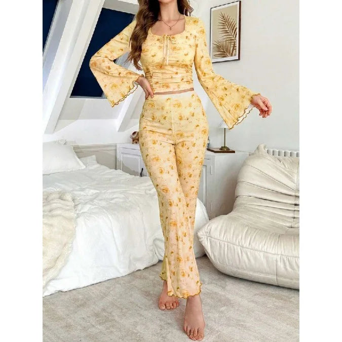 Women Pajama Sets Casual Pajamas Flower Print Long Sleeve High Waist Pants Loungewear Two-piece Set Can Be Worn Outside Pijamas