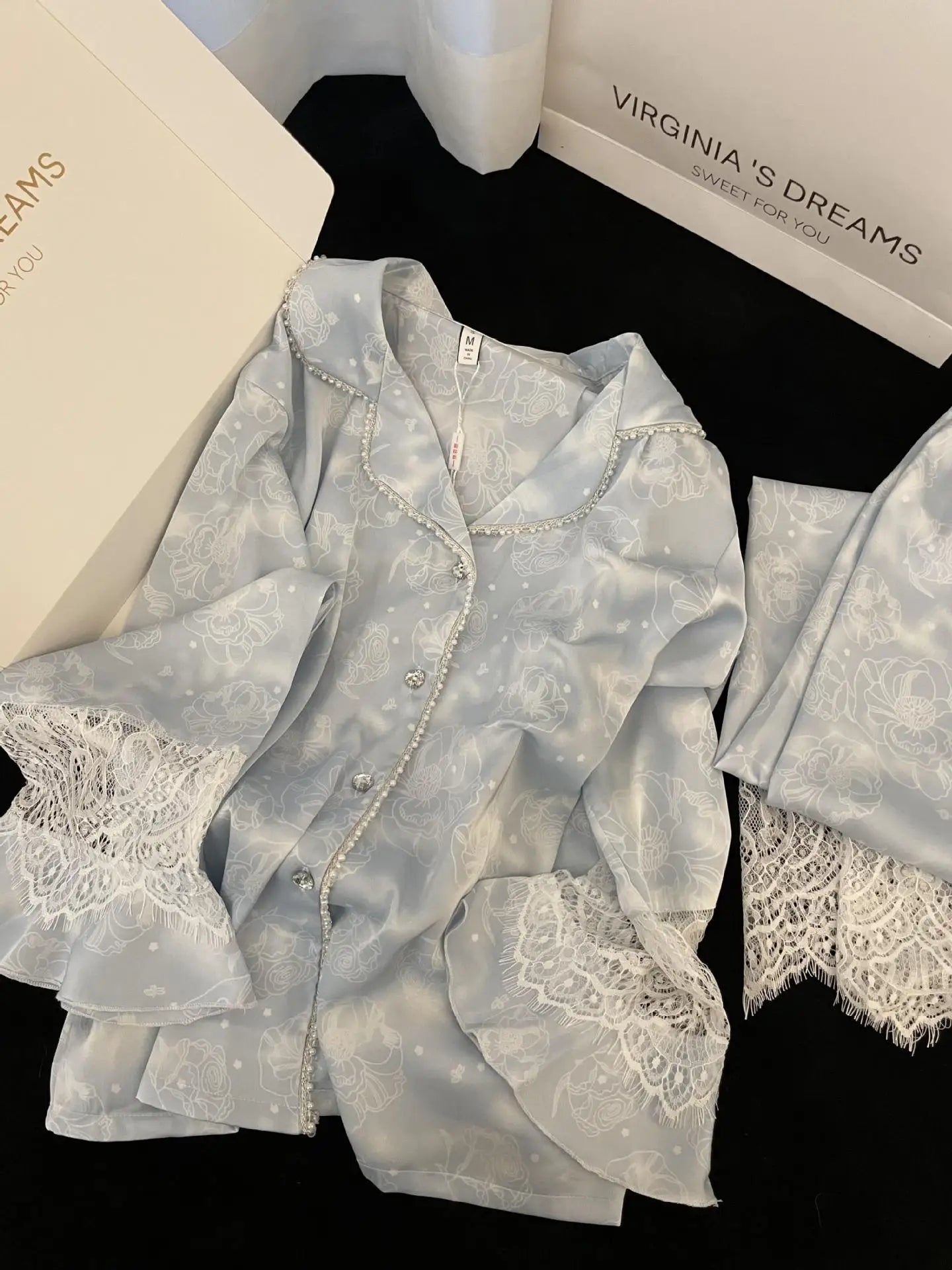 Plus Size 4XL Female 2PCS Pajamas Set Loungewear Sweet Girl Print Flower Lace Sleepwear Long Sleeve Pijamas Silk Satin Homewear