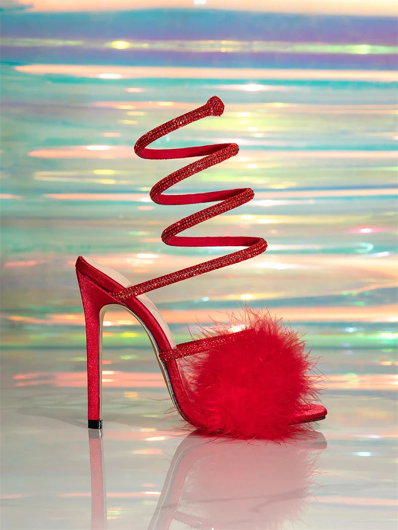 Liyke Sexy Snake Twine Around Crystal Women Sandals Fashion Furry Feathers Square Toe Rhinestones High Heels Party Prom Shoes
