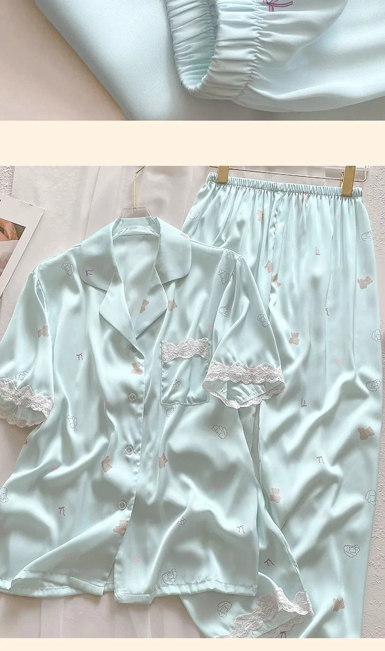 Bear Print Pajamas Women Cool Ice Silk Short Sleeve Pants Loungewear Cardigan Lace Fall and Winter Two-Piece Set Plus Size