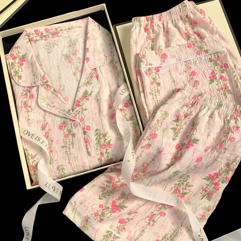Spring/Summer Sweet & Cute Floral Cotton Pyjamas for Girls Three-Piece Homewear Set Student Casual Sleepwear Homewear Ensemble