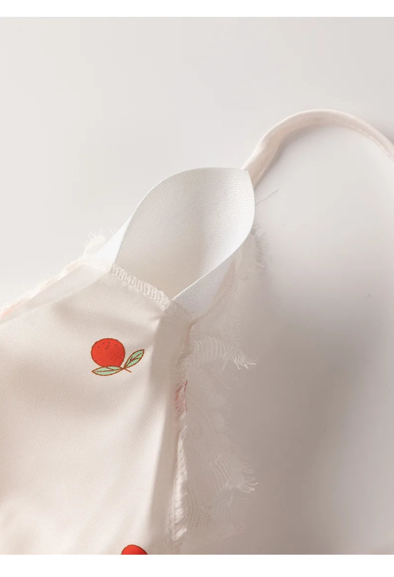 Sexy Suspender Pajamas Set Sleepwear Print Flower Lace Trim Sleepwear Intimate Lingerie Summer New Silk Satin Nightwear Homewear