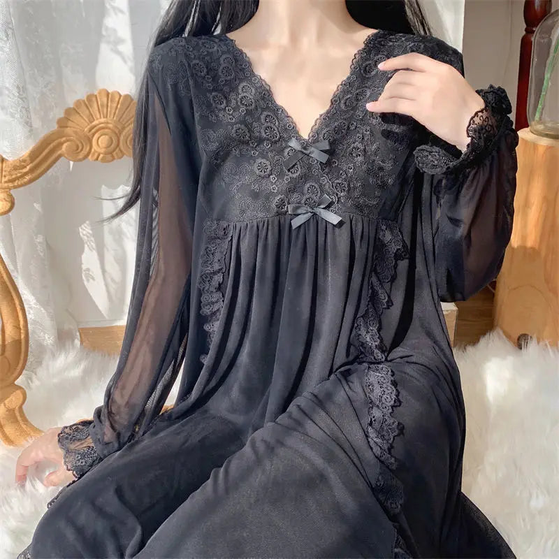 Women's Nightgown Mesh Lace V-neck Long Sleeved Pajamas