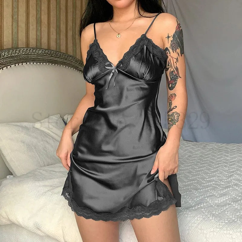 Print Flower Chemise Sleepwear Nightgown Short Summer Sexy Spaghetti Sling Homewear Satin Lace Patchwork Female Nightdress