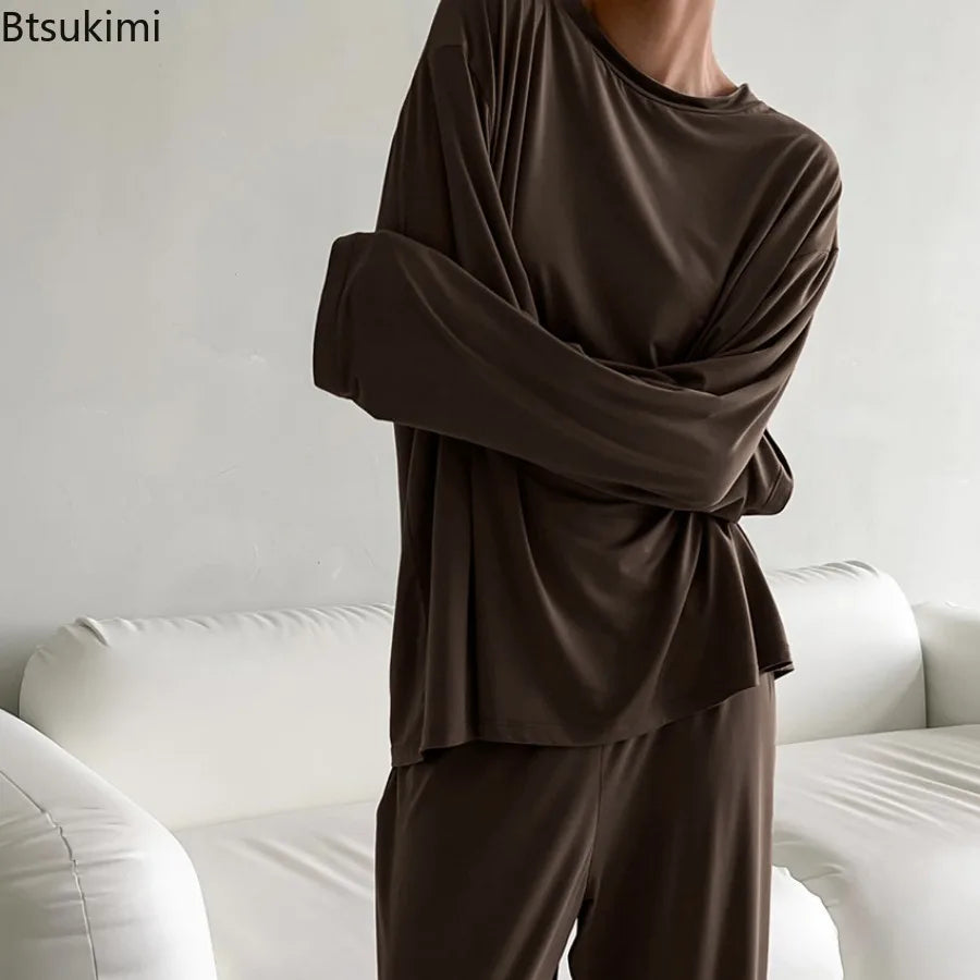 New 2026 Brown Loose Female Sleepwear Suit O-Neck Nightgowns Long Sleeve Nightwear Wide Leg Pants Women's Pajamas 2 Piece Set