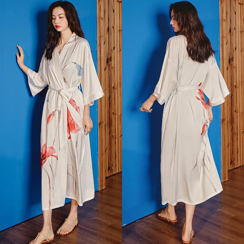 New Spring Summer Female Long Robe Nightgown Sexy Print Flower Kimono Bathrobe Gown Casual Silk Satin Home Dress Lounge Wear