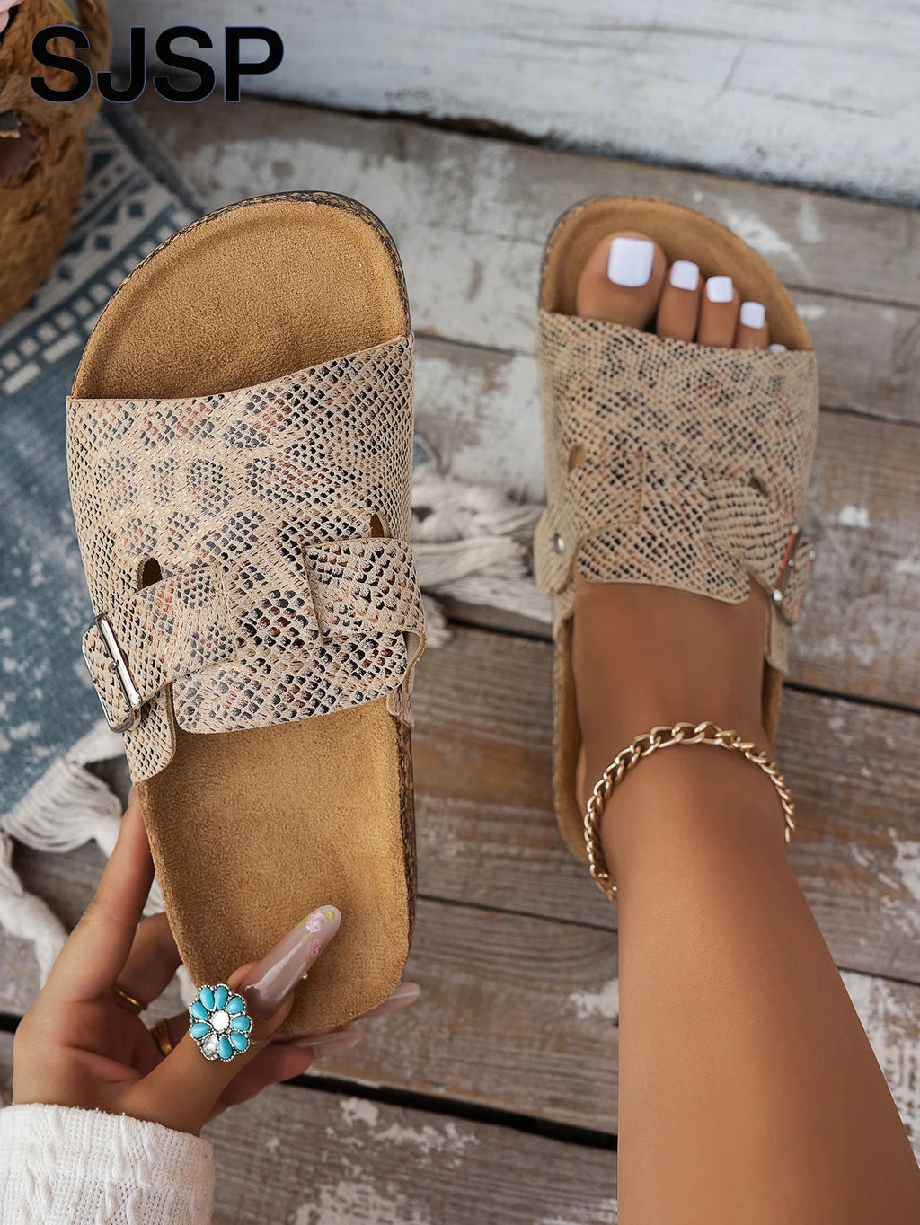 Women's Casual Retro Animal Snake Print Slippers Sandals - Stylish Buckle Single Strap Design, Non-Slip Pvc Sole, Comfortable Pu Upper, Suitable for Casual Beach Indoor and Outdoor Wear, Spring and Summer Women's Shoes