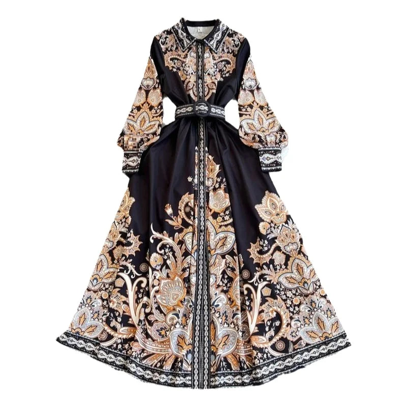 Elegant Vintage Court Style Long Sleeve Collared Slim Fit Print Shirt Dress Knitted Fabric Midi Skirt Length Button Detail
