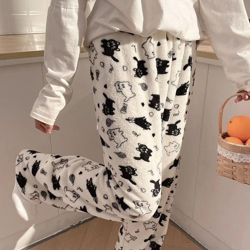 Black Cat Cartoon Pajamas Pants Kawaii Christmas PJS Korean Women Winter Warm Fluffy Flannel Sleepwear Girls Cute PJ Pants