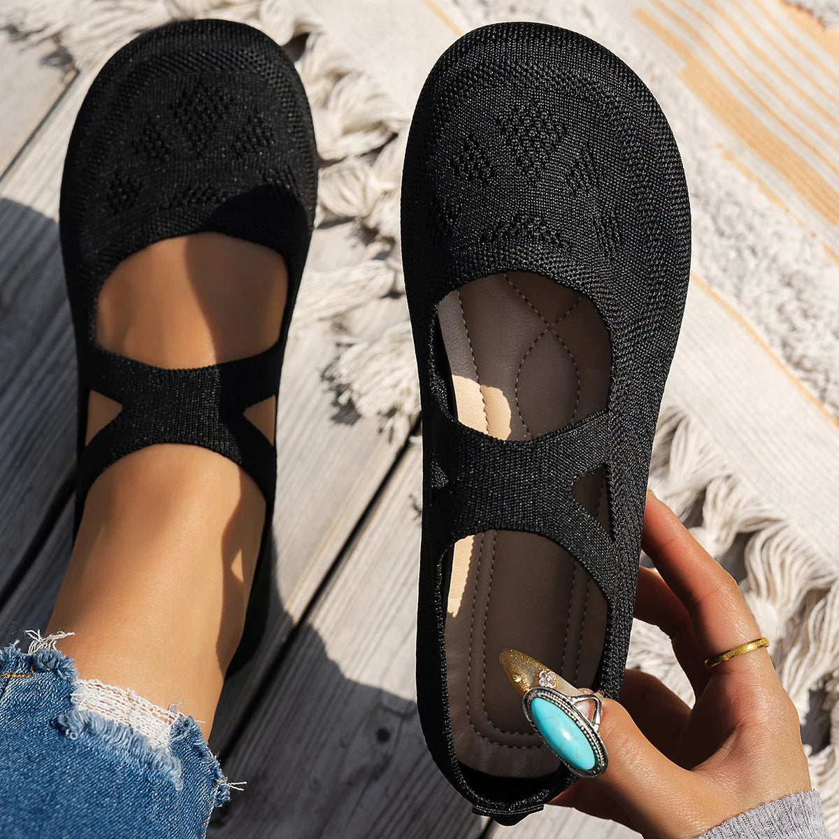 Round-toe small single shoes, fairy-style ballet shoes, comfortable knitted Mary Jane shoes