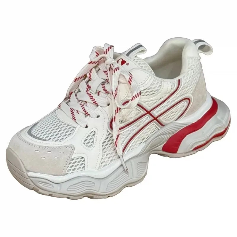Spliced Mesh Lace-Up Sneakers Fashion Round Toe Deep Mouth Soft Sole Non-Slip Low Top Single