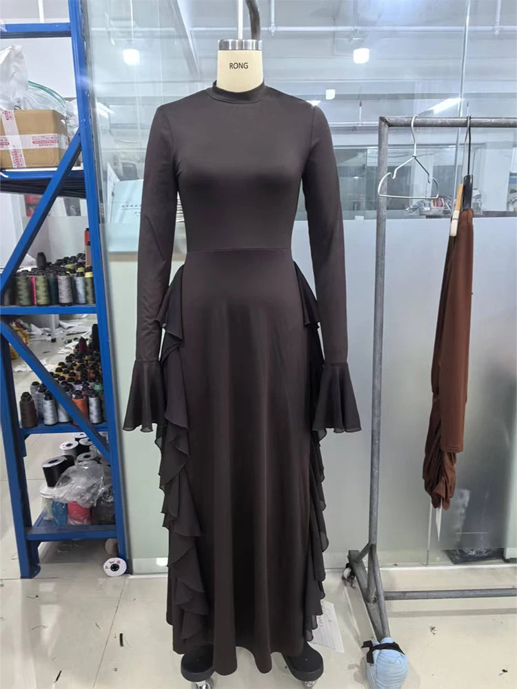 2025 European and American Women's Elegant Casual High-Waisted Solid-Colour Bell-Sleeve Dress Long Dress with Long Sleeves