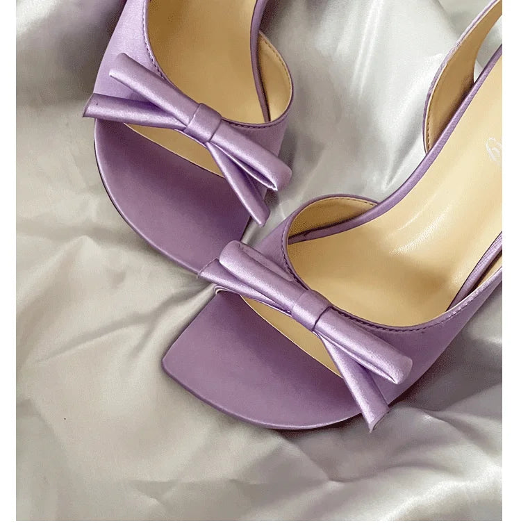 Lilac Purple Women's Fashion Sandals Backless Knot Toe Exposure Silk Satin High Heels Elegant Lady Style Shoes Increased Height