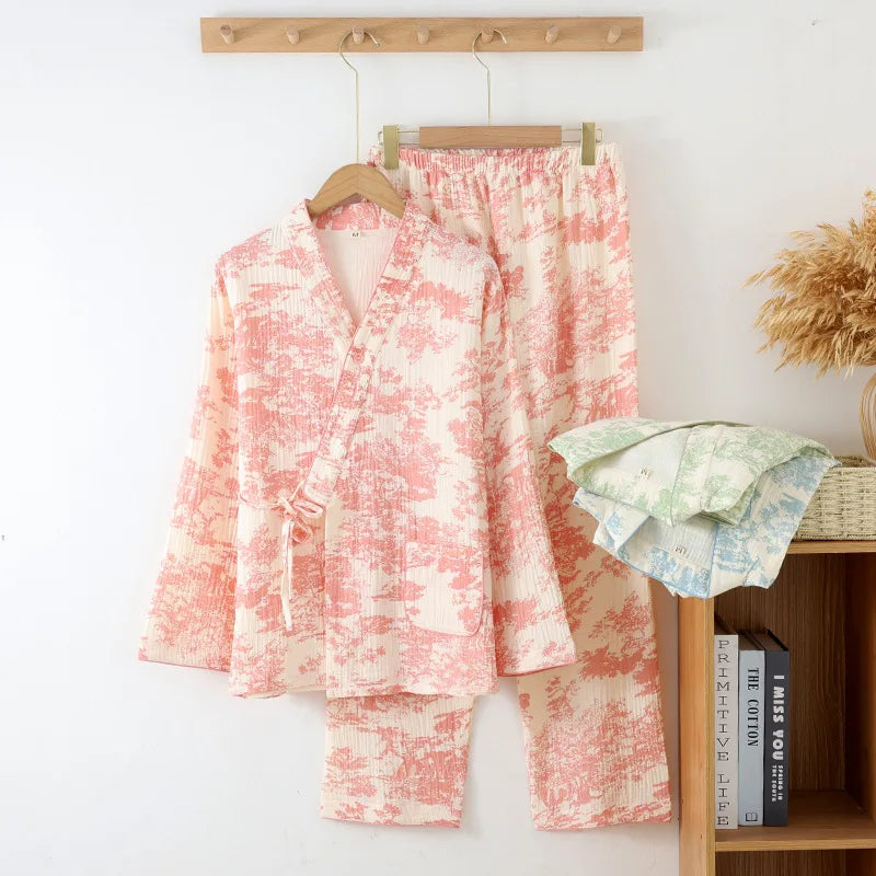 Spring /Autumn Chinese Style Pajamas for Women Cotton Gauze Lace-up Long-sleeved Pants Elegant Home Clothing Kimono Home Clothes