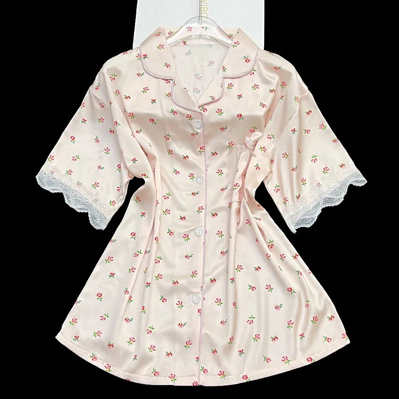 Sweet Floral Ins-Style Ice Silk Pure Desire Girl Pajamas Short-Sleeve Three-Piece Set Summer Satin Lace-Trimmed Loungewear