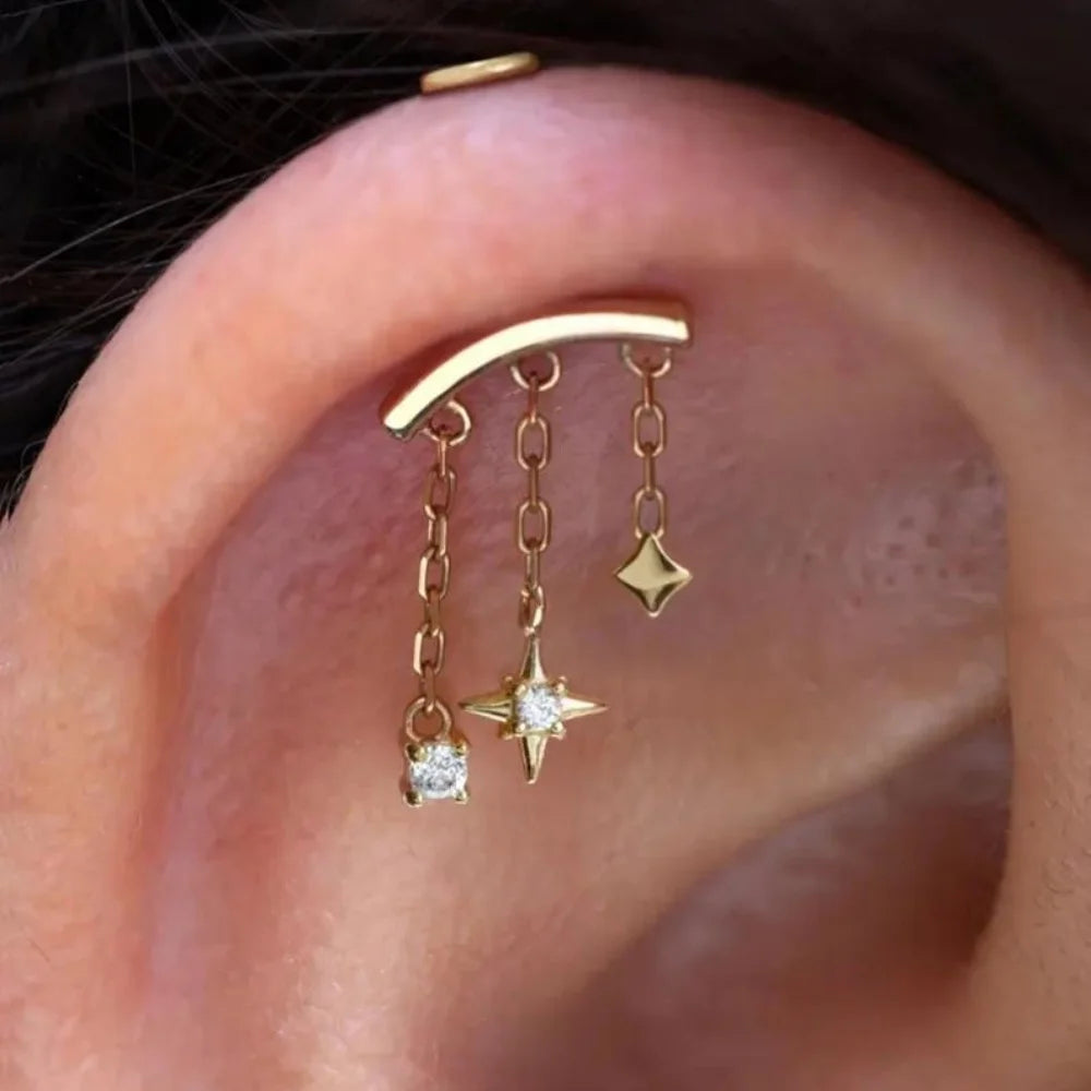 CANNER 1PC 925 Sterling Silver Eight-pointed Star CZ Piercing Earring For Women Ins Tassel Chain Stud Earring Party Fine Jewelry