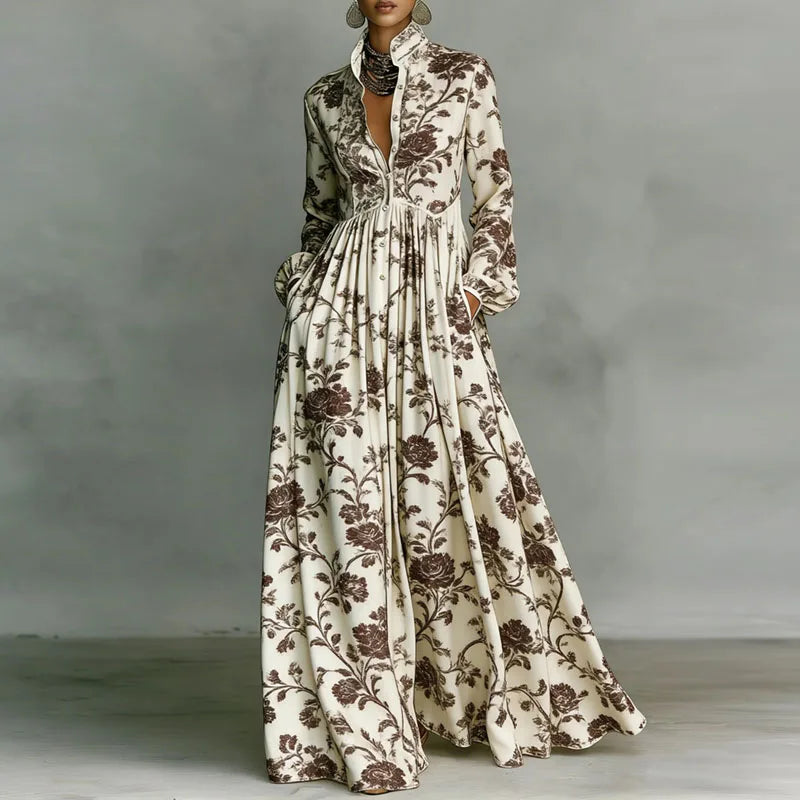 Retro Pattern Print High Waist Pleated Dress Woman Spring Shirt Collar Button Pockets Maxi Dress Long Sleeve Boho Vacation Dress
