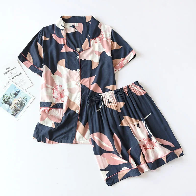 summer news pijama mujer thin section short-sleeved shorts large floral print pajamas home service ladies pajamas for women