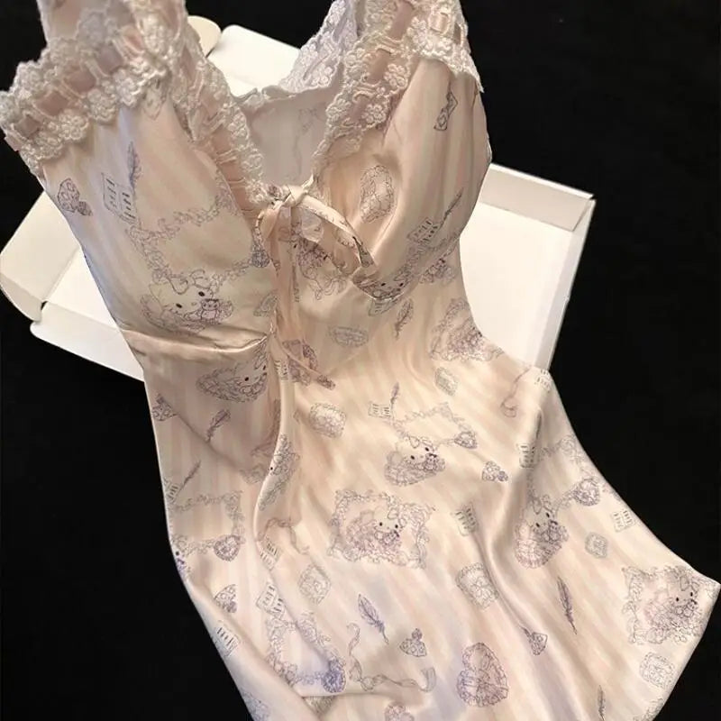 Sanrios Suspenders Nightgown Hello Kittys Ice Silk Pajamas Loose Clothes Simple Trendy Thin Printed Skirt Creative Hot Selling