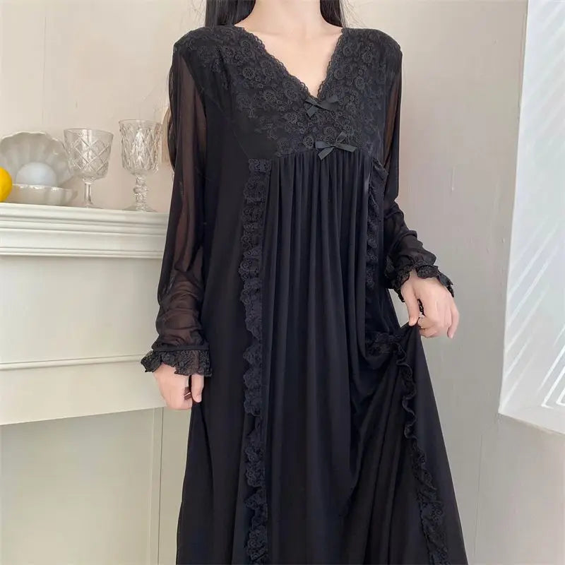 Women's Nightgown Mesh Lace V-neck Long Sleeved Pajamas