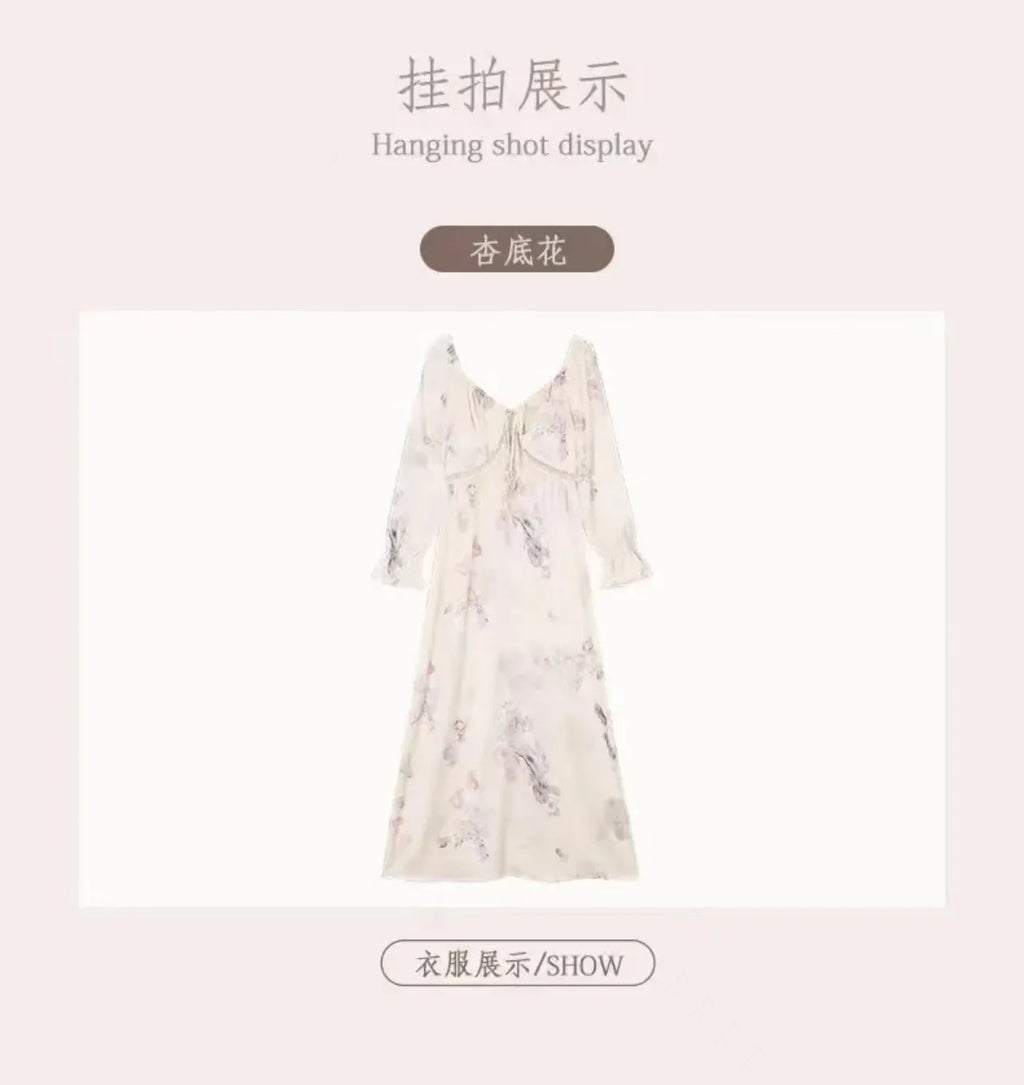 Floral Print Women Nightgown Summer Lace Patchwork Ice Silk Ladies Night Dress Long Sleeve Sexy Lace Up Nightdress for Female