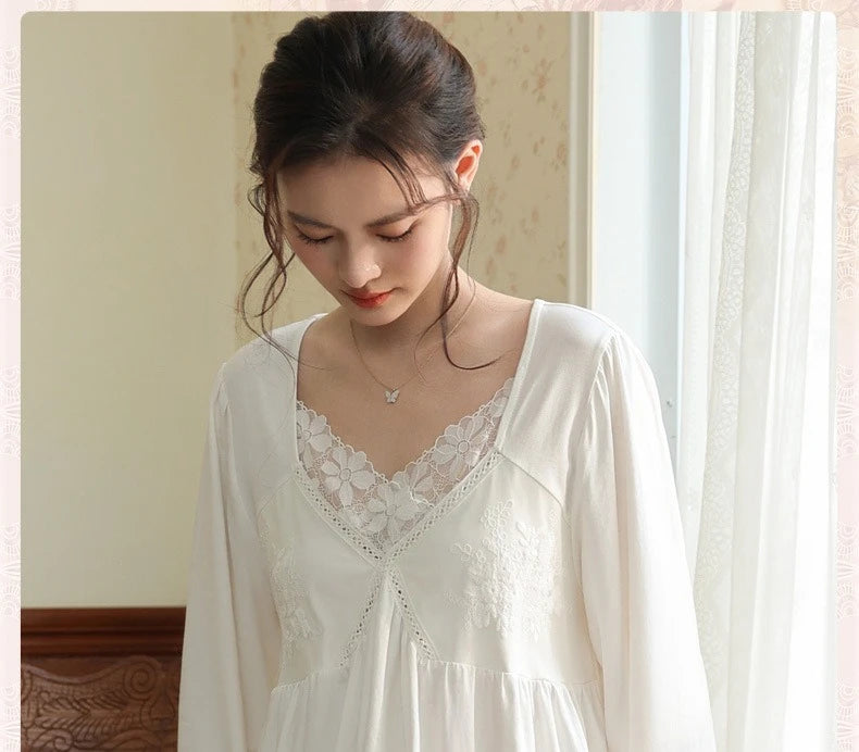 Vintage Victorian Nightgown Women Lace Embroidered Palace Style Princess Sleep Dress Cotton Soft Romantic French Loungewear